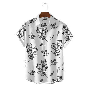 Close-up detail of the men's casual short sleeve Hawaiian shirt featuring black botanical leaf print.