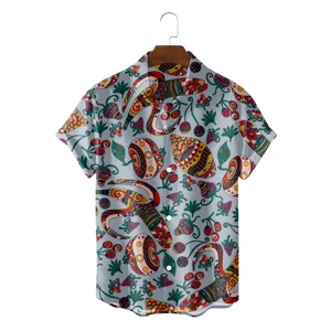 Detailed view of the vintage ethnic print men short sleeve shirt with colorful tribal patterns.
