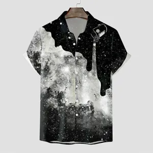 Herren Kurzarm Hawaiihemd mit 3D Schwarz Weiß Galaxie Kosmos Weltall Druckmuster.
