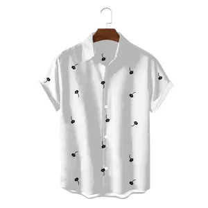 Men's casual white short sleeve shirt with black botanical plant floral print hawaiian top