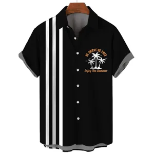 Detailed view of black short sleeve Hawaiian shirt with 3 stripes and tropical palm tree print.