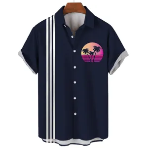 Men's summer short sleeve Hawaiian shirt featuring retro coconut tree print and white stripes.