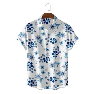 Mens casual blue floral print hawaiian short sleeve shirt for summer beach vacation.