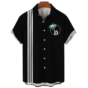 Black short sleeve shirt detail featuring 3 vertical stripes and palm tree circle print.