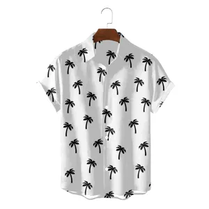 Men summer short sleeve Hawaiian shirt with cool black palm tree print, loose casual beach top.