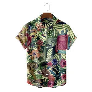 Heren tropisch Hawaii korte mouw overhemd met levendige jungle dieren bloemen 3D print.