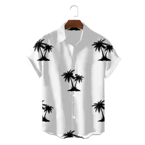 Detailed view of men's summer loose Hawaiian shirt featuring black coconut tree print design.