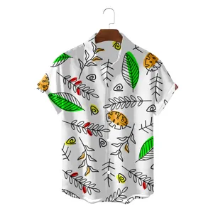 Closeup view of casual men's short sleeve shirt featuring abstract botanical doodle leaf print.
