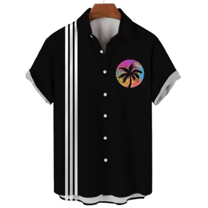 Men's casual short sleeve Hawaiian shirt with palm tree print and side stripes for summer.