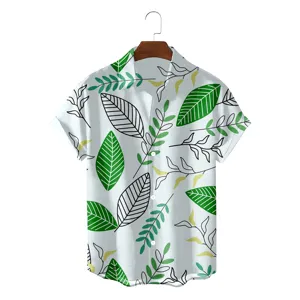 Men casual Hawaiian short sleeve shirt with botanical leaf print, loose fit turn down collar.