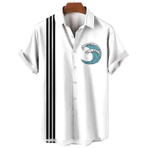 Men's casual short sleeve Hawaiian shirt detailed view, white button down top with wave print.