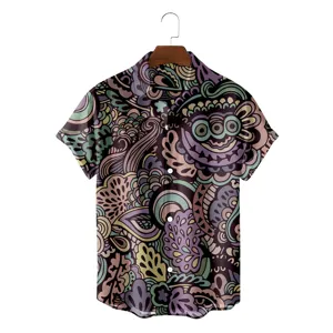 Close-up detail of men's retro ethnic abstract print short-sleeve shirt with chic buttons.