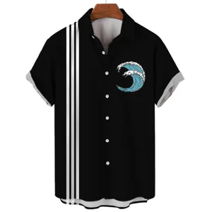 Men's casual short sleeve Hawaiian shirt with wave print and stripe detail for summer.