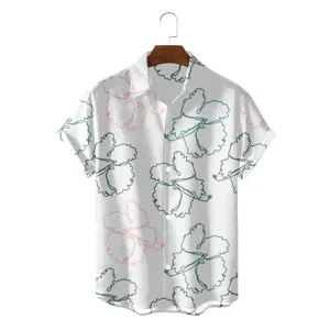 Men's casual loose Hawaiian short sleeve shirt with botanical line print for summer.