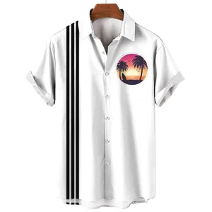 Mens casual short-sleeve Hawaiian shirt with sunset palm tree print and stylish vertical stripes.