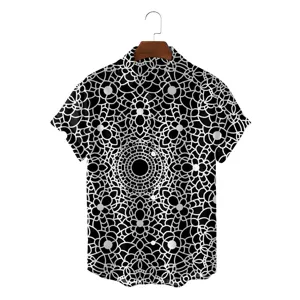 Retro men's short sleeve shirt with 3D ethnic mandala print, casual black and white summer top.