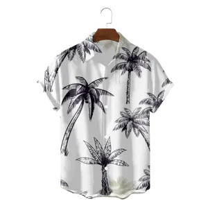 Men's summer short sleeve Hawaiian shirt with casual loose fit and black palm tree print.