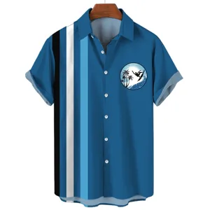 Detailed view of men's casual short-sleeve Hawaiian shirt featuring tropical coconut print.