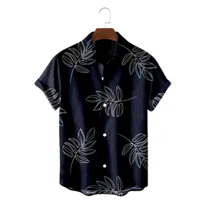 Men's casual short sleeve Hawaiian shirt with botanical plant line print, loose fit.