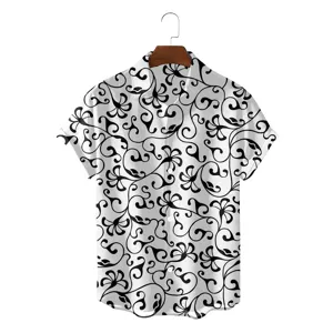 Men's retro baroque print short sleeve shirt detail showing the unique vintage pattern fabric.