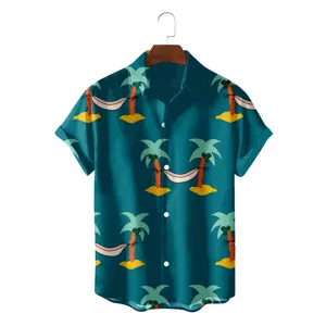Men's summer short sleeve Hawaiian shirt with tropical palm tree print, dark teal color.