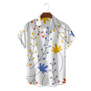 Men short sleeve Hawaiian shirt detail showing abstract botanical floral print and lapel collar.
