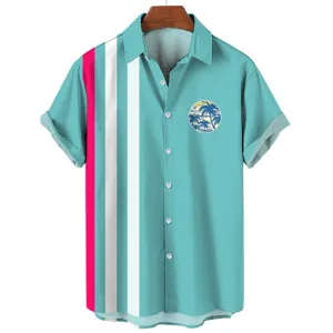Turquoise Hawaiian shirt detail showing palm tree graphic and vertical pink white stripes.