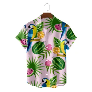Heren zomer tropisch Hawaïaans korte mouw overhemd met papegaai fruit print casual stijl