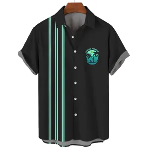 Men short sleeve Hawaiian shirt casual summer tropical coconut tree print button down shirt black