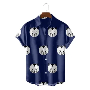 Hawaïhemd voor heren met korte mouwen en schattige kattenprint, casual zomertop.