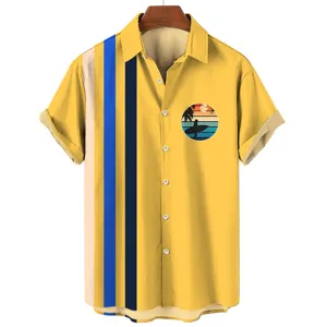 Men's casual summer short sleeve hawaiian shirt with retro sunset surfer print fashion top