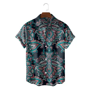 Retro ethnic print detail of the men's short-sleeve button-down shirt with turn-down collar.