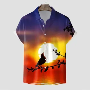 Detailansicht herren kurzarm hawaiihemd sonnenuntergang vogel 3d druck sommer weich stoff stilvoll.
