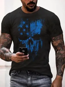Men's black short sleeve t-shirt with blue skull graphic print casual summer top