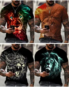 Men's 3D Lion Print Short Sleeve Casual T-Shirt Summer Wild Animal Graphic Tee Top Fashion