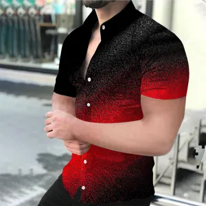 Men's short sleeve casual shirt featuring striking black and red 3D digital print design.