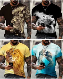 Detailed view of the 3D lion print men's t-shirt, featuring vivid animal graphics and comfortable crewneck.