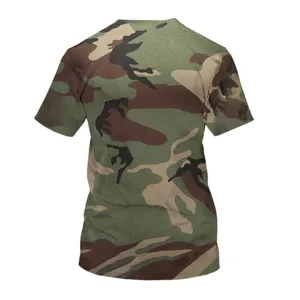 Detail view of men's short sleeve t-shirt featuring classic woodland camouflage print.