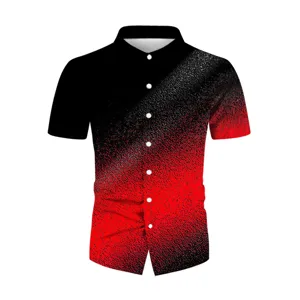 Close-up of men short sleeve shirt with black red gradient digital print and button down collar.