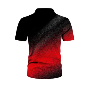 Detailed view of the black and red gradient short-sleeve 3d printed men's polo shirt.