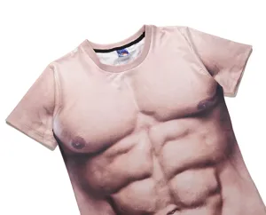 Gedetailleerd overzicht van 3D spierprint heren t-shirt, grappige nep borst buik top.