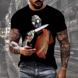 Herren Sommer Kurzarm T-Shirt mit 3D Gasmaske Messer Druck, loses Rundhals Oberteil.