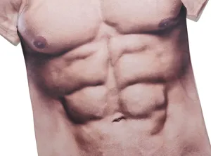 Heren 3D spier print novelty t-shirt detail met realistische borst en buikspier grafisch.