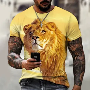 Men's 3D Lion Print Summer Short Sleeve T-Shirt Casual Round Neck Tee for Daily Wear.