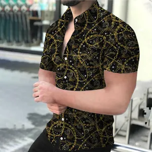 Men's stylish short sleeve casual baroque gold chain print shirt for summer daily fashion wear.