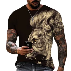 Men's 3D Lion Print Short Sleeve T-Shirt Summer Casual Slim Fit Round Neck Tee Top