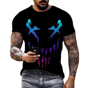 Men's 3D print short sleeve T-shirt, black casual summer top with cool graphic design main view.