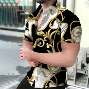 Close-up detail view of luxury baroque gold chain print short sleeve shirt for men fashion.