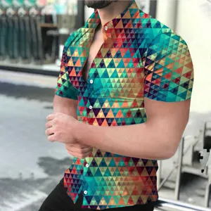 Mens short sleeve 3D geometric print casual button down shirt for summer daily wear.