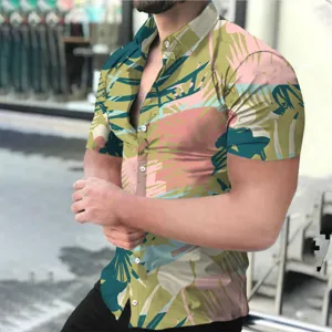 Men short sleeve digital print shirt detail view, abstract leaf pattern casual top summer wear.